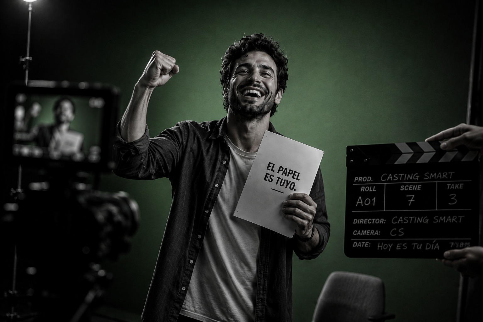 Actor celebrando tras conseguir un papel en un set de grabación