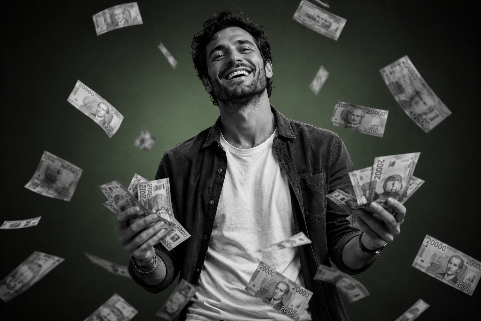 Talento celebrando con billetes en las manos
