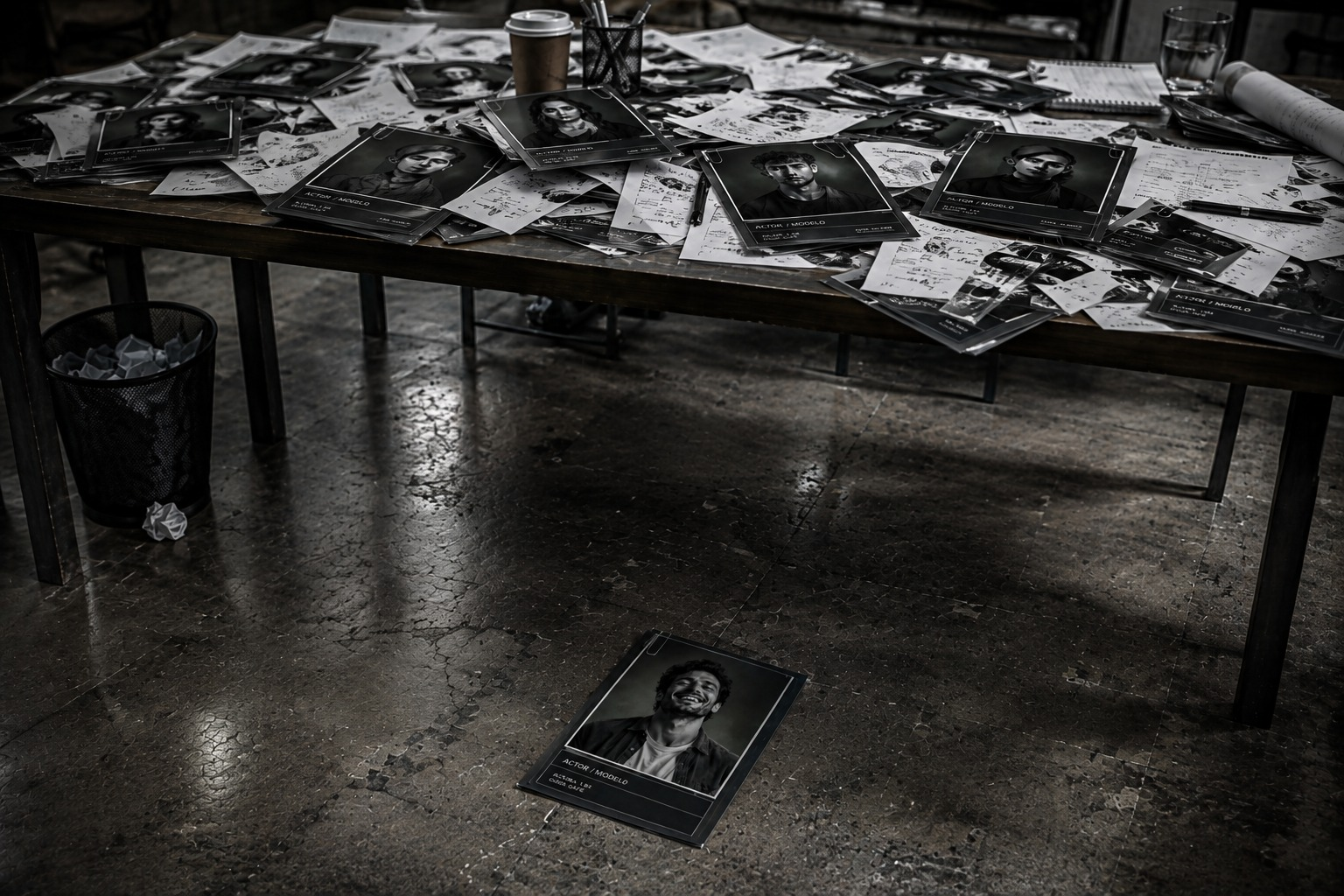 Mesa de casting llena de fotos impresas de actores